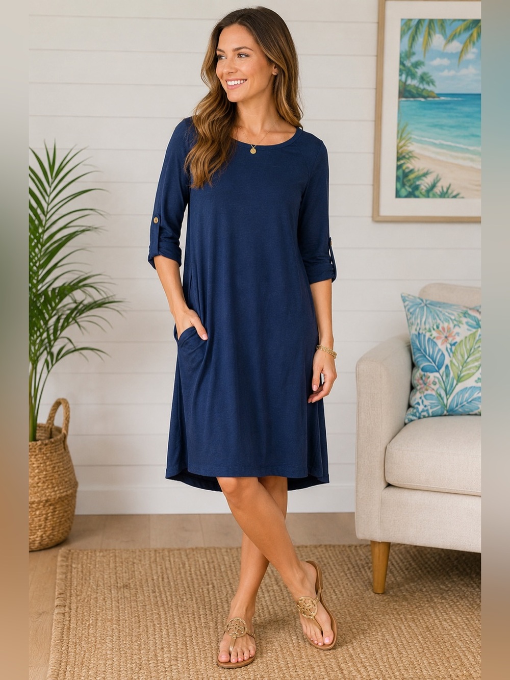 Lilly Pulitzer Navy Knit Midi Dress Womens M 3/4 Sleeve Modal Cotton Casual